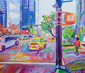ORIGINAL Acrylic Painting - Wall Centre From Nelson And Burrard - 18x24 Colorful City Buildings art 