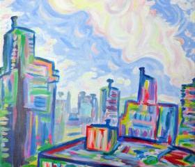 ORIGINAL Large Acrylic Painting - The West End - 24 x 36 Colorful Sky and City Art FREE SHIPPING