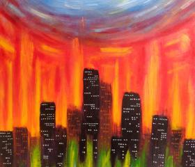 ORIGINAL Large Acrylic Abstract Painting, City Of Fire - 24x36 FREE SHIPPING Colorful Sky Art