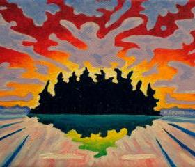 ORIGINAL Acrylic Painting Totem Island, 5x7 Colorful Island and Sky Art