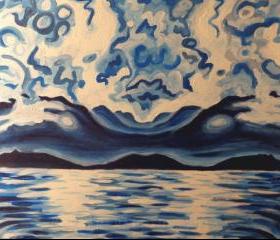 Original Acrylic Painting ,Blue Mountain No.4, 24x36 FREE SHIPPING Ocean and Clouds Art