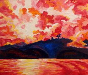 ORIGINAL Acrylic Painting - Red Mountain - 11x14 Warm Ocean Sky Art