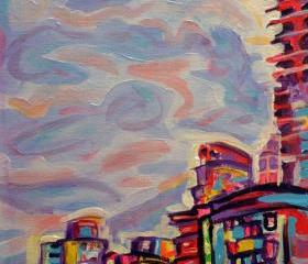 Original Acrylic Painting on Canvas - DeConstruction - 9x12 Colorful Cityscape Art