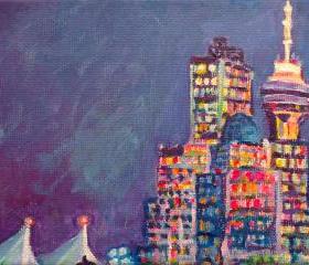  ORIGINAL Acrylic Painting - From Vancouver Harbour - 5x7 Colorful City Skyline Art